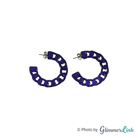 Retro Purple Enameled Curb Style Chain Hoop Pierced Earrings - Picture 6 of 8